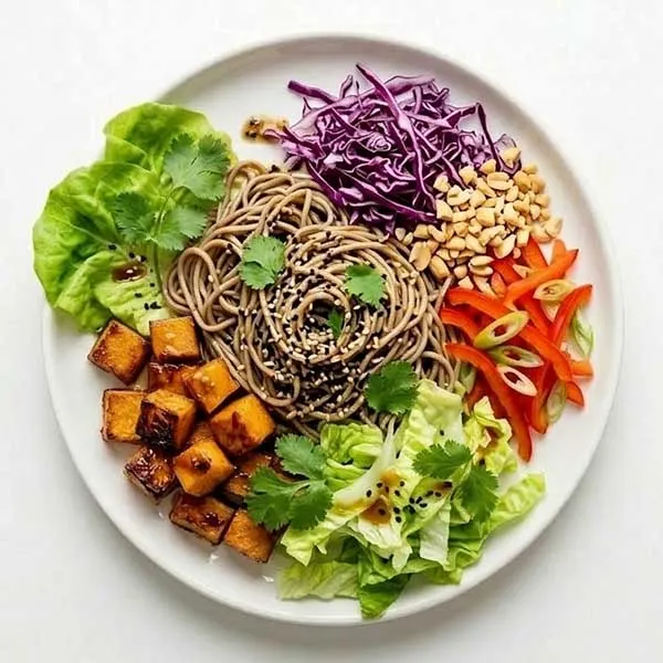 Asian sesame noodle salad with crunchy vegetables & tofu